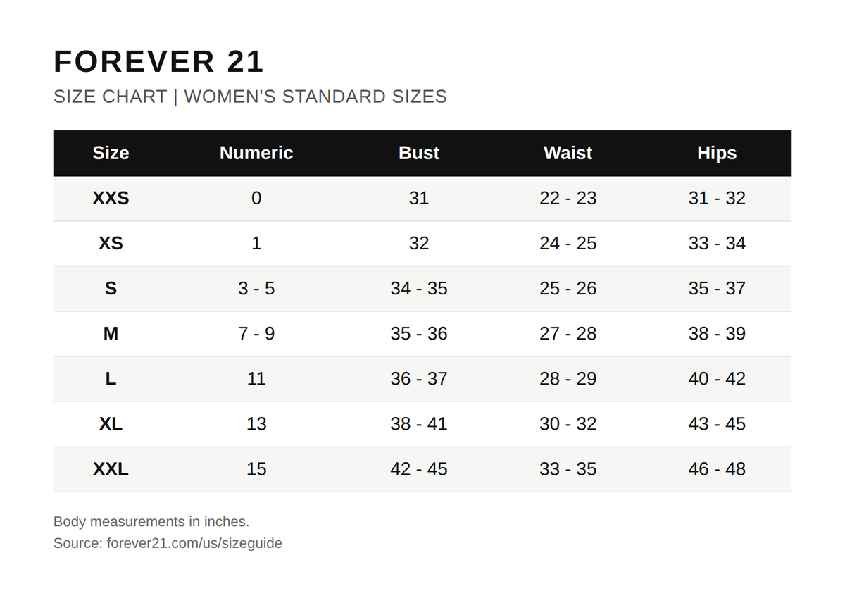 Tabla de tallas oficial de Forever 21