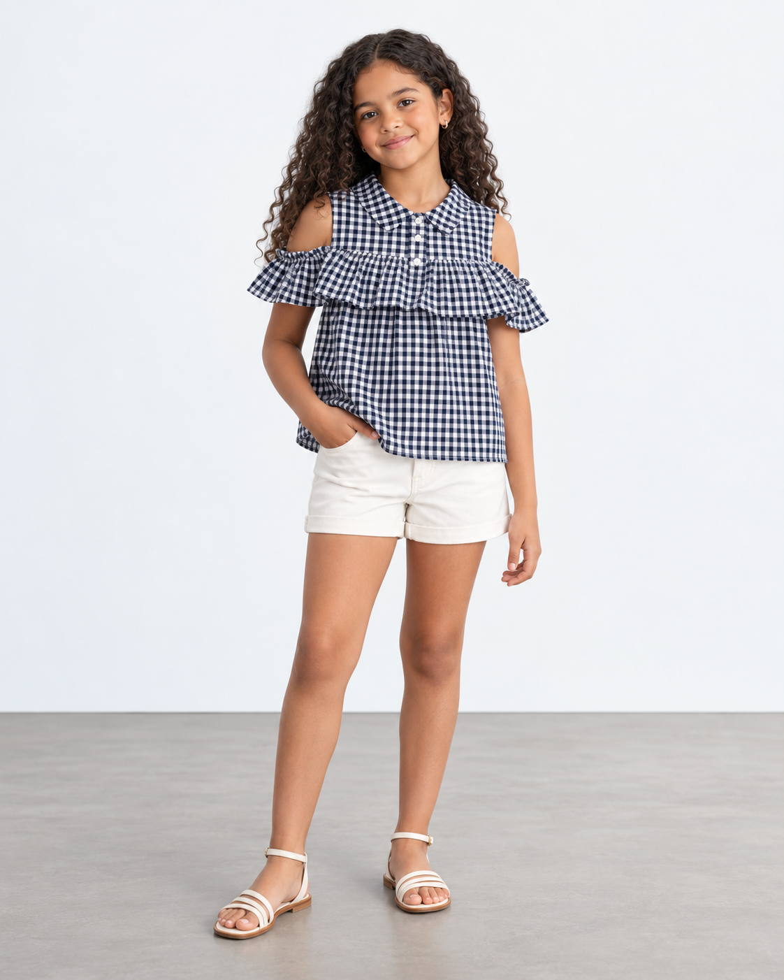 BLUSA DE CUADROS CON HOMBROS DESCUBIERTOS PARA NIÑA | LOVE NOTES | TALLA L