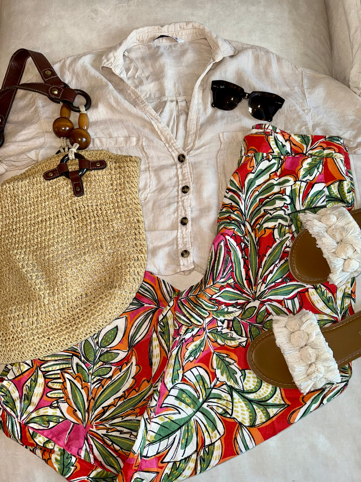TOTE DE RAFIA VINTAGE CON DETALLES DE MADERA | FOSSIL