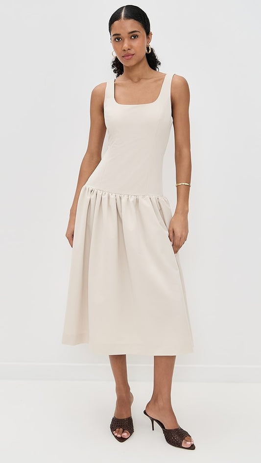 NUEVO CON ETIQUETA | VESTIDO MIDI BEIGE CORTE DROP WAIST CON FALDA AMPLIA | ENDLESS ROSE | TALLA S