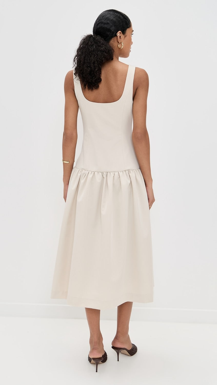 NUEVO CON ETIQUETA | VESTIDO MIDI BEIGE CORTE DROP WAIST CON FALDA AMPLIA | ENDLESS ROSE | TALLA S