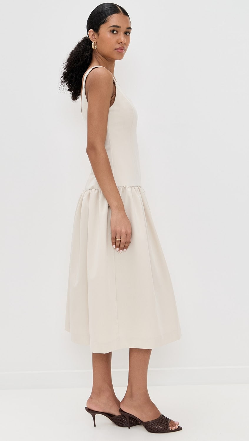 NUEVO CON ETIQUETA | VESTIDO MIDI BEIGE CORTE DROP WAIST CON FALDA AMPLIA | ENDLESS ROSE | TALLA S