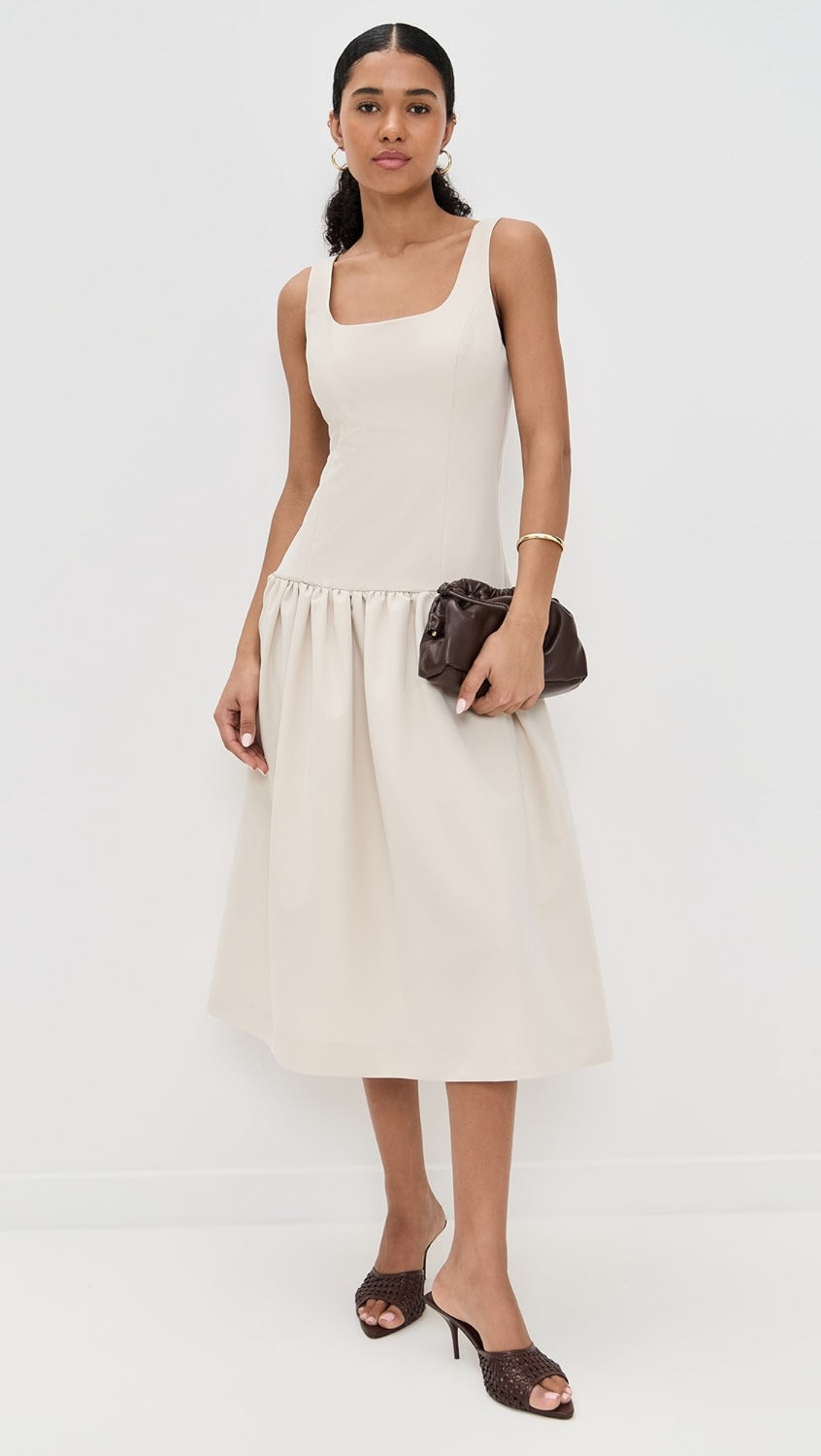 NUEVO CON ETIQUETA | VESTIDO MIDI BEIGE CORTE DROP WAIST CON FALDA AMPLIA | ENDLESS ROSE | TALLA S