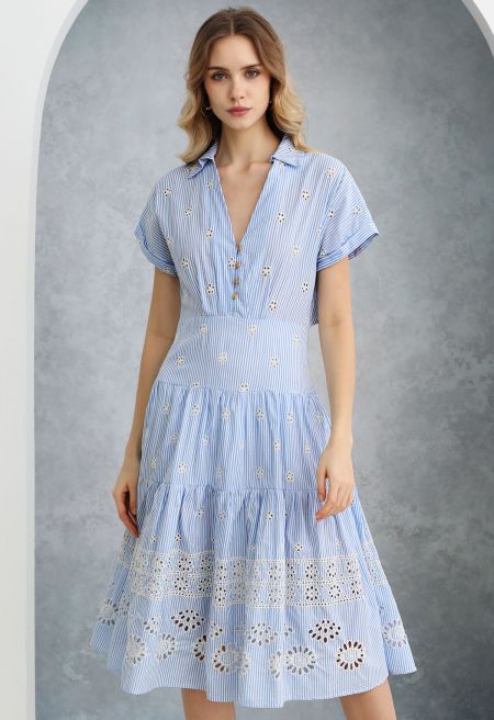 VESTIDO MIDI RAYAS AZUL CON BORDADO EYELET | TALLA S