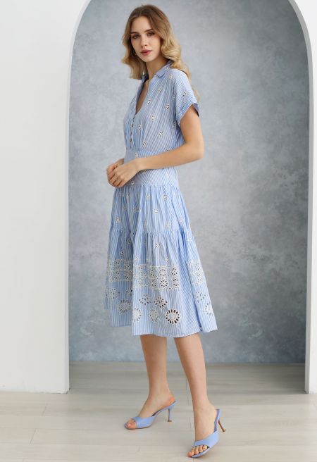 VESTIDO MIDI RAYAS AZUL CON BORDADO EYELET | TALLA S