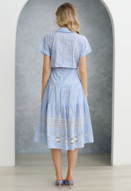 VESTIDO MIDI RAYAS AZUL CON BORDADO EYELET | TALLA S