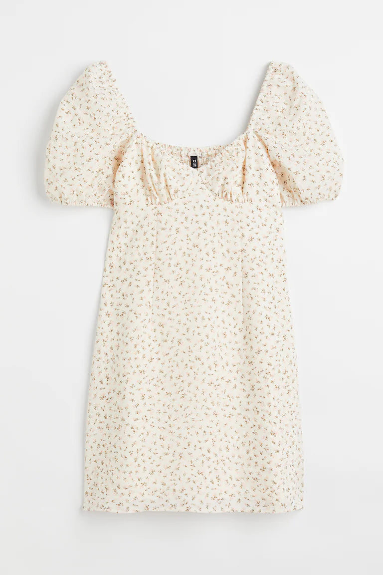 VESTIDO CORTO CON MANGAS ABULLONADAS Y ESTAMPADO FLORAL | H&M | TALLA S