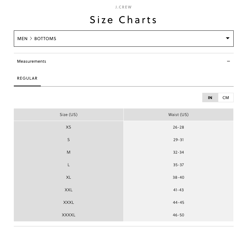 Tabla de tallas oficial de J.Crew (pantalones de hombre)
