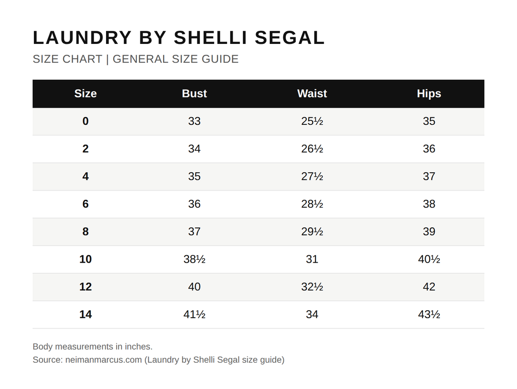 Tabla de tallas oficial de Laundry by Shelli Segal