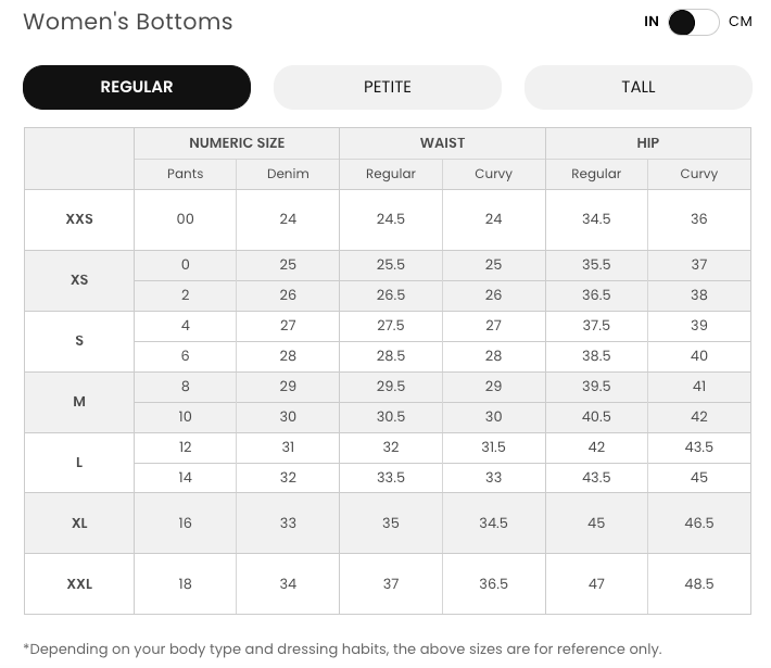 Tabla de tallas oficial de LOFT (pantalones)