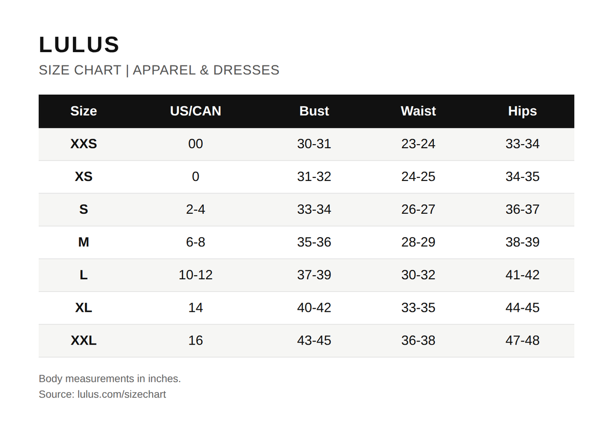 Tabla de tallas oficial de Lulus