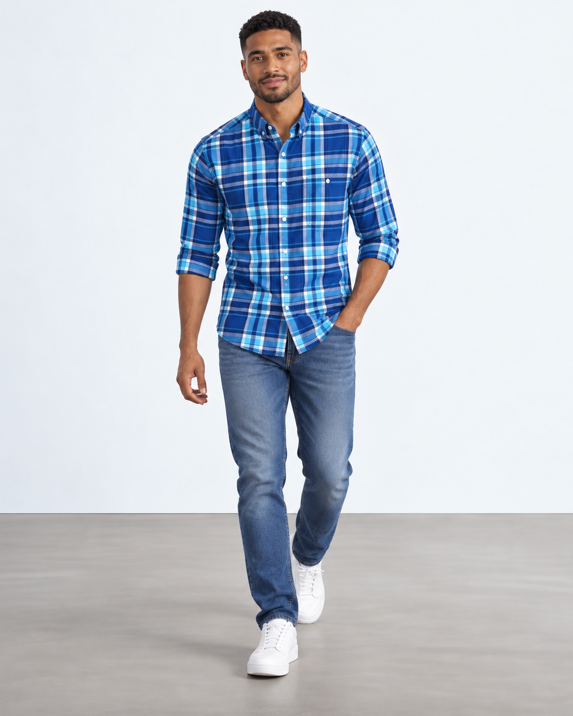 CAMISA DE CUADROS AZULES DE MANGAS LARGAS PARA HOMBRE | CLUB ROOM | TALLA S
