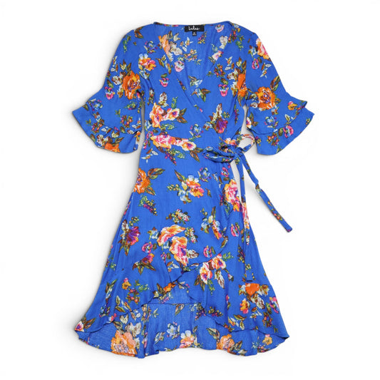 VESTIDO HIGH-LOW AZUL CON LAZO Y ESTAMPADO FLORAL | LULUS | TALLA XS