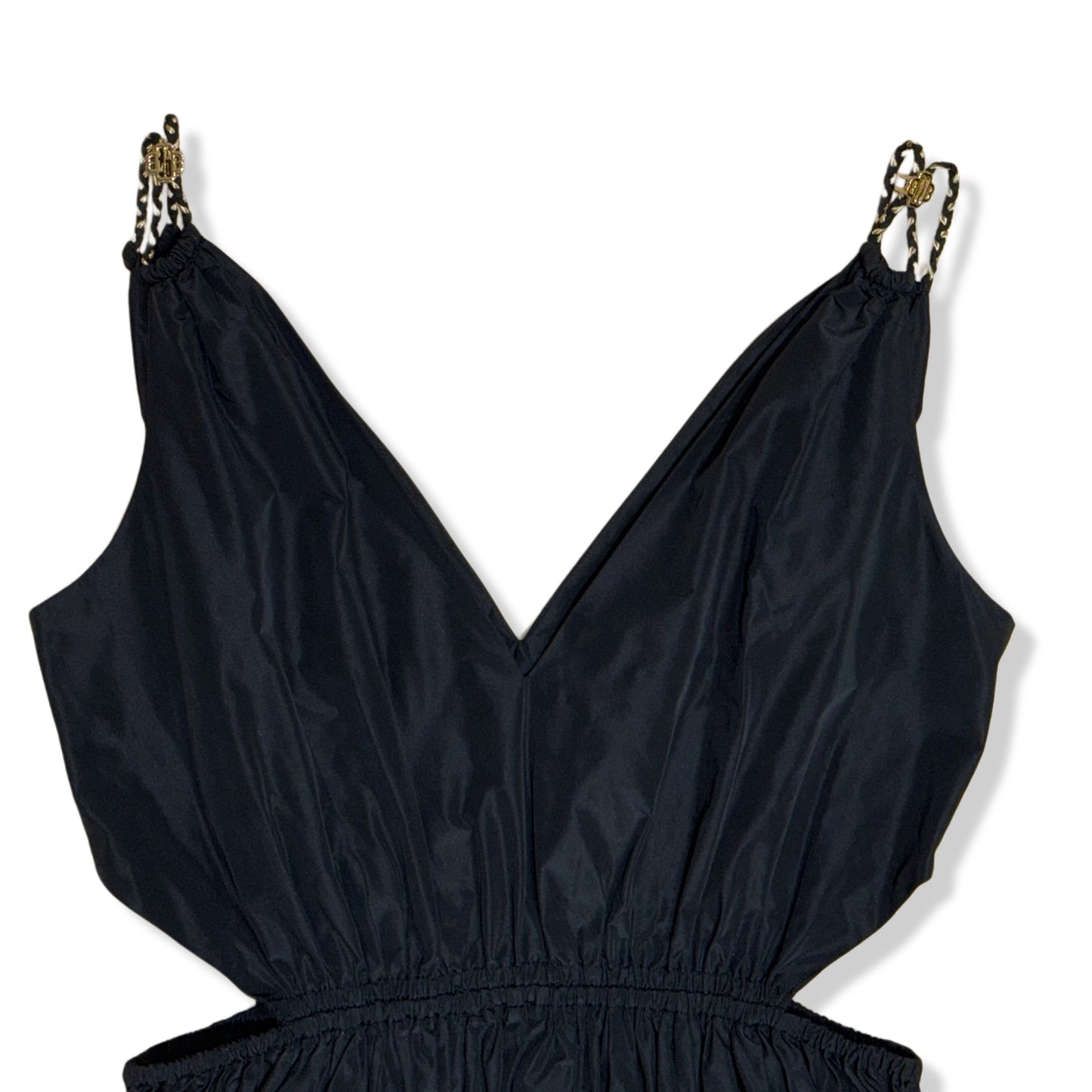 VESTIDO NEGRO V-NECK TAFFETA MIDI DRESS | MAJE | 40 (US 8)