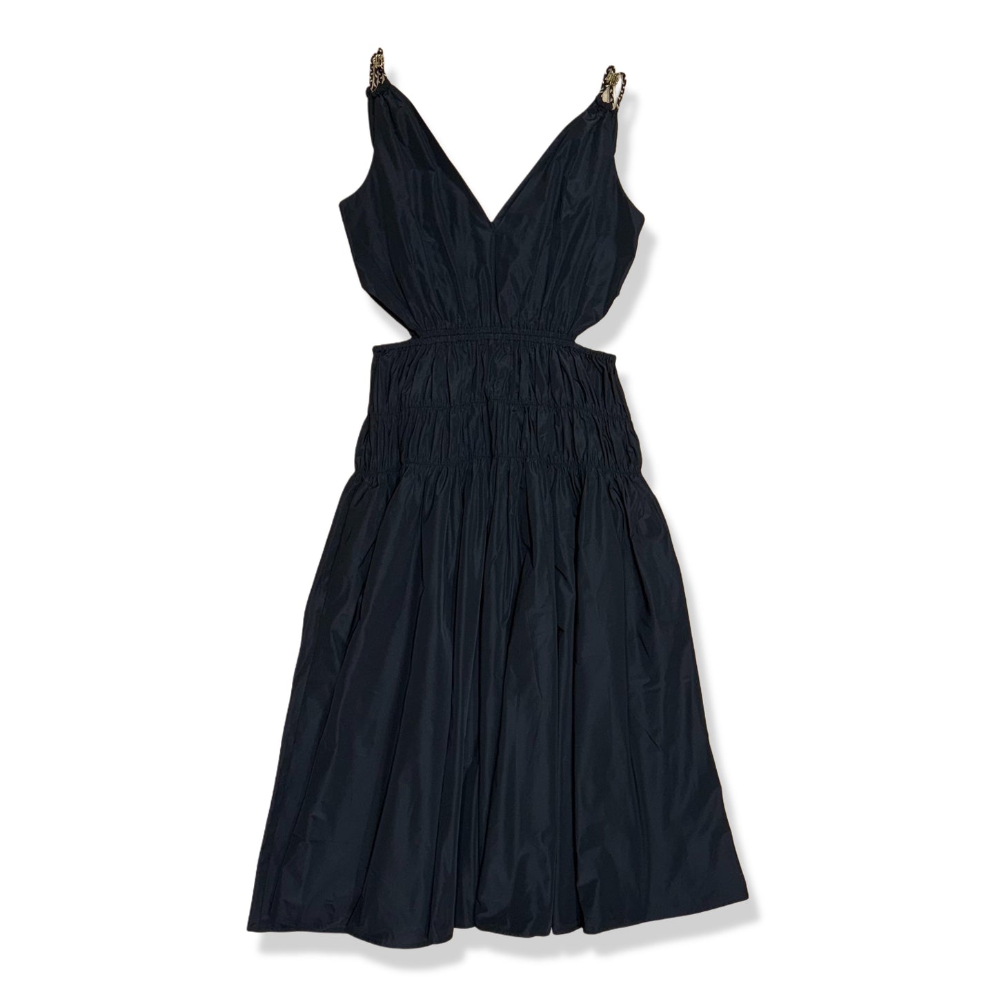 VESTIDO NEGRO V-NECK TAFFETA MIDI DRESS | MAJE | 40 (US 8)
