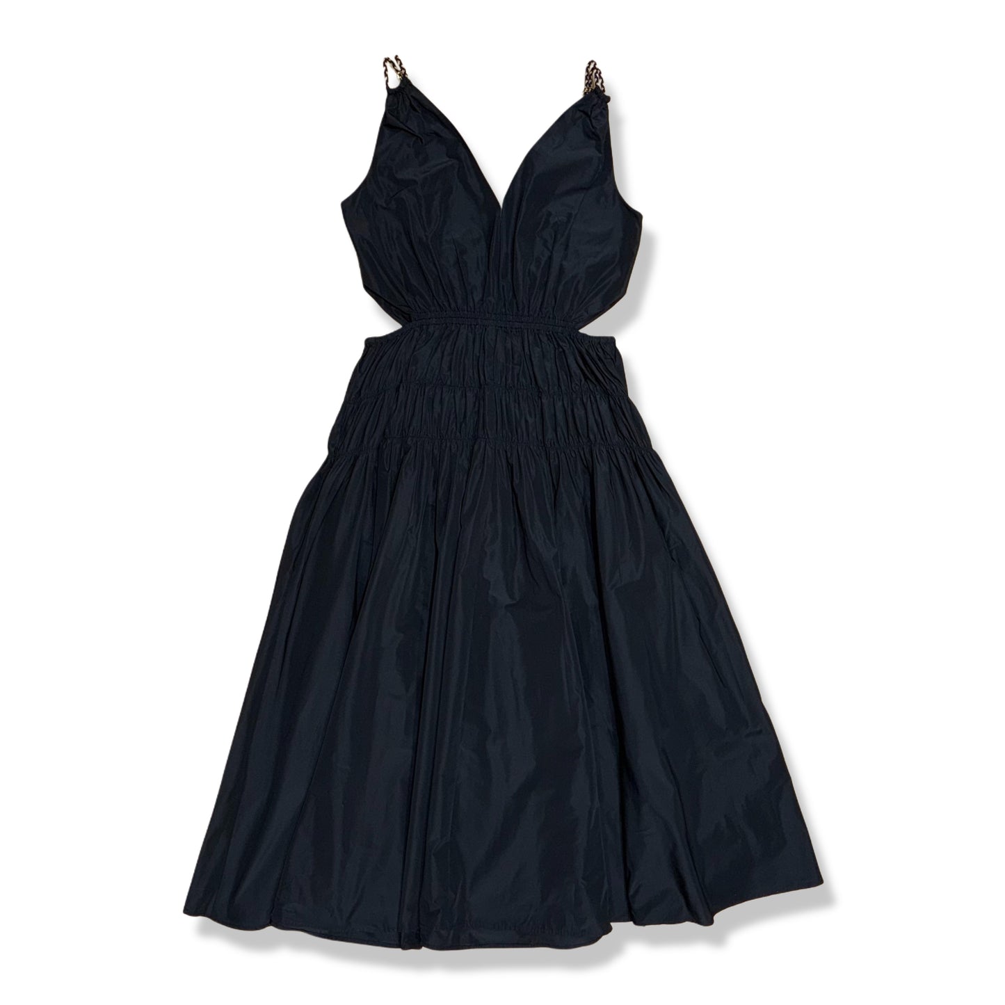 VESTIDO NEGRO V-NECK TAFFETA MIDI DRESS | MAJE | 40 (US 8)