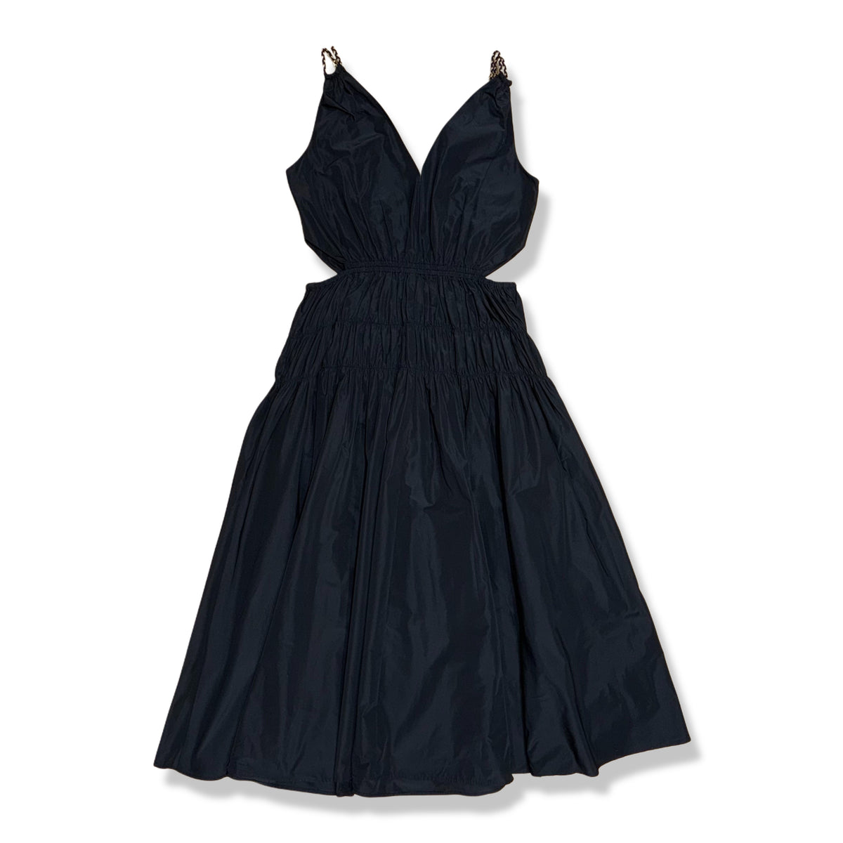VESTIDO NEGRO V-NECK TAFFETA MIDI DRESS | MAJE | 40 (US 8)