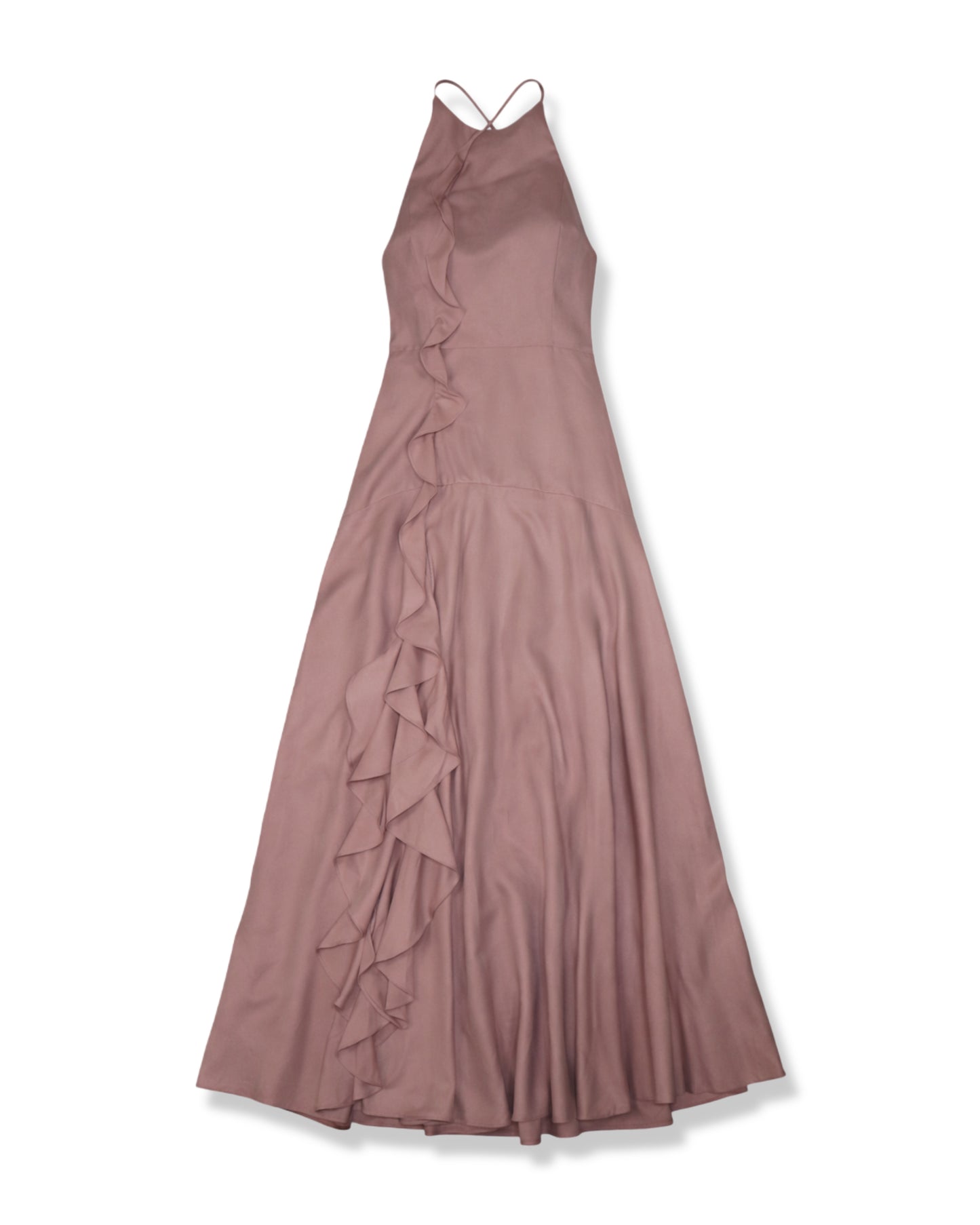 NUEVO CON ETIQUETA | VESTIDO MAXI ROSADO CON VOLANTES Y ESPALDA CRUZADA | LULUS | TALLA S