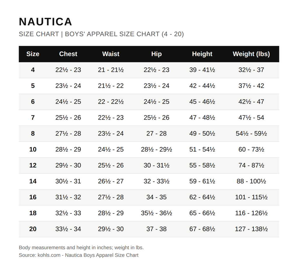 Tabla de tallas oficial de Nautica