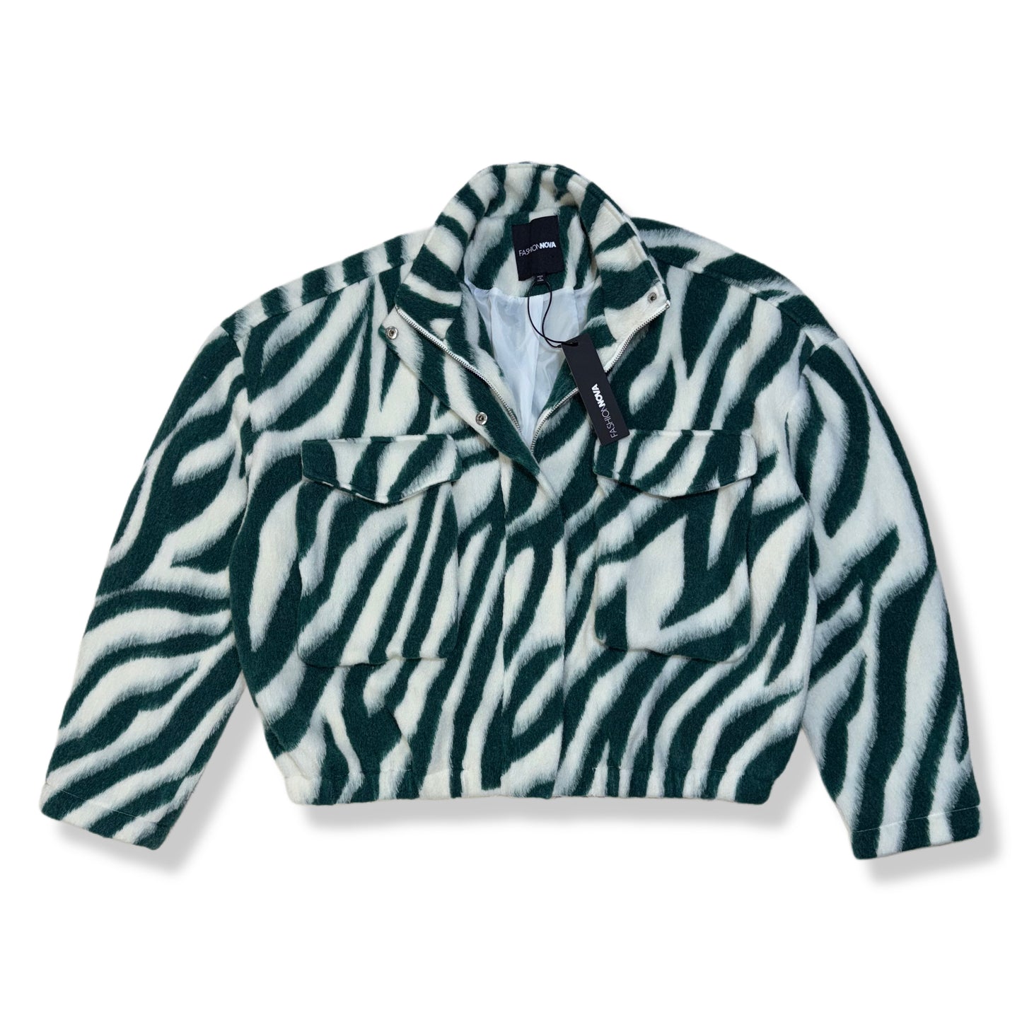 CHAQUETA FAUX FUR CON ESTAMPADO DE CEBRA VERDE | FASHION NOVA | 1X