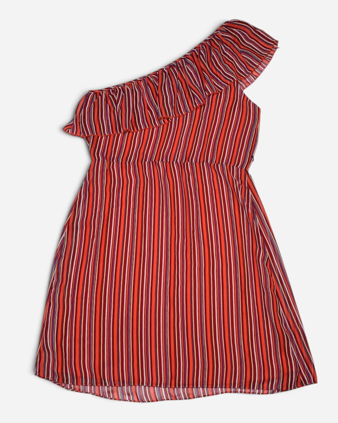 VESTIDO DE UN HOMBRO DE RAYAS CON VOLANTE PARA MUJER | BISOU BISOU | TALLA 10 (M)