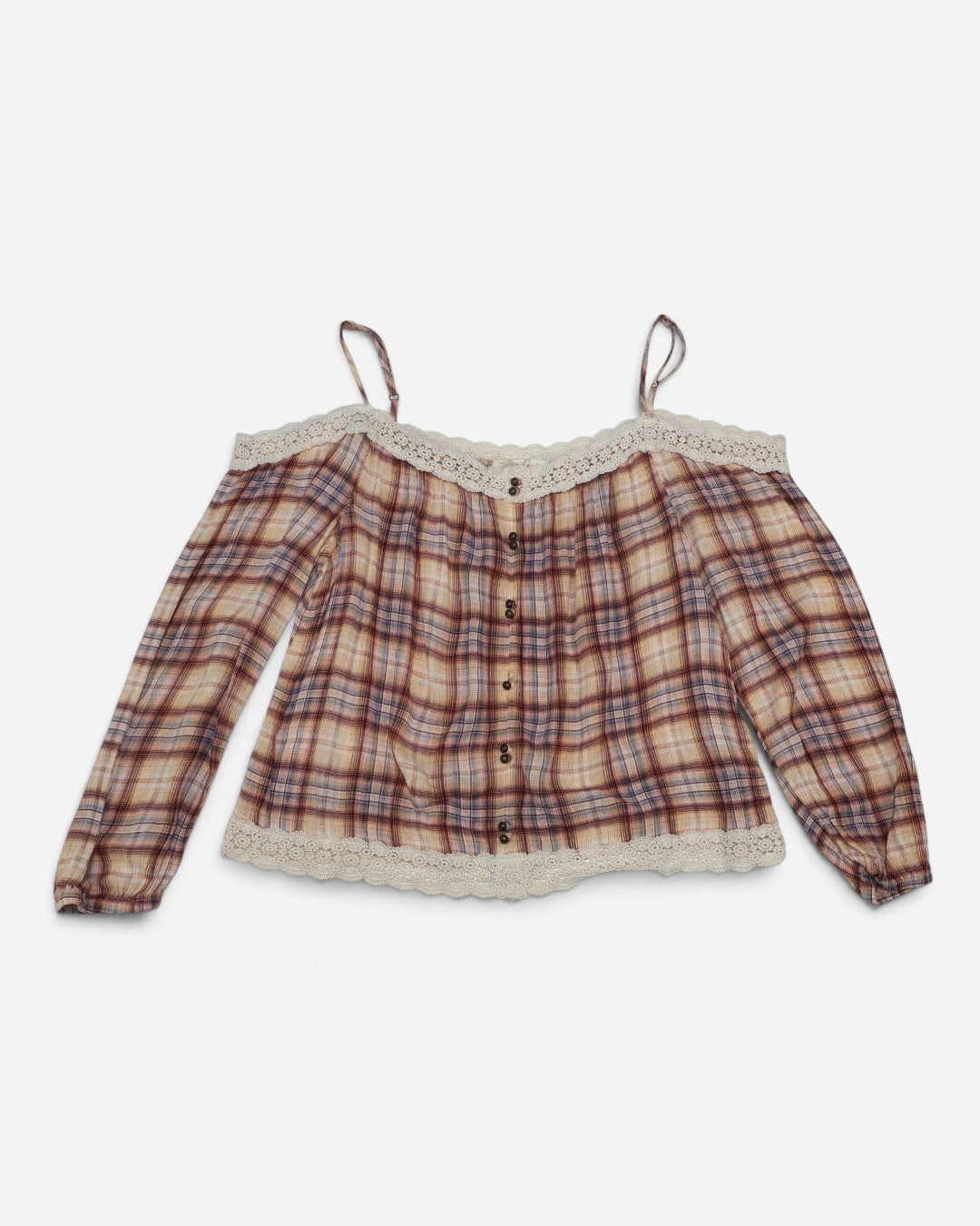 Blusa de cuadros con hombros descubiertos y borde de croché para mujer, marca Rewind, talla XL, ropa de segunda mano en República Dominicana