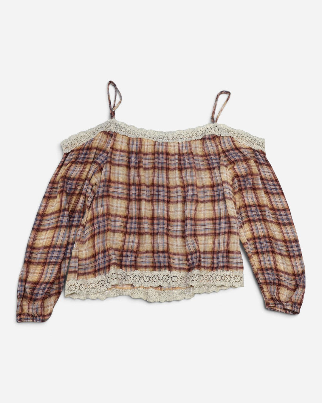Blusa de cuadros con hombros descubiertos y borde de croché para mujer, marca Rewind, talla XL, ropa de segunda mano en República Dominicana