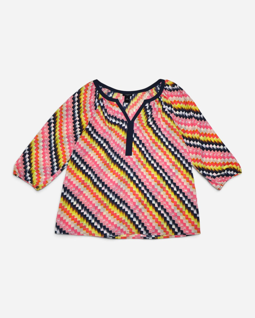 Blusa estampada multicolor de mangas 3/4 con escote en V para mujer, marca Ann Taylor, talla XS, ropa de segunda mano en República Dominicana