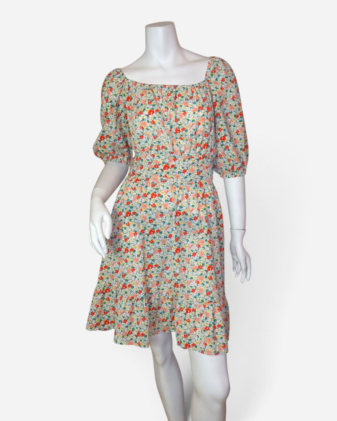 Vestido floral corto con mangas abullonadas y escote cuadrado para mujer, talla S, ropa de segunda mano en República Dominicana