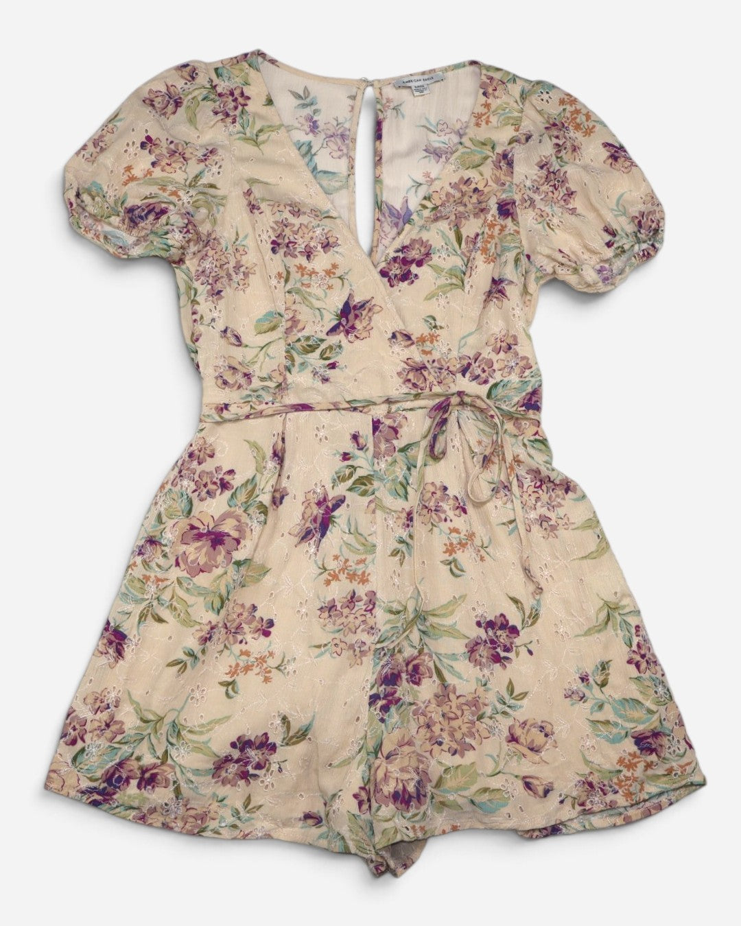 Romper floral crema con mangas abullonadas y escote en V para mujer, marca American Eagle, talla S, ropa de segunda mano en República Dominicana
