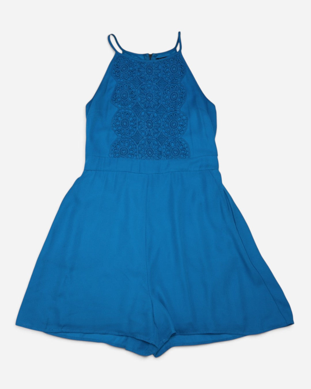 Romper azul turquesa con encaje en el pecho y cuello halter para mujer, marca XOXO, talla S, ropa de segunda mano en República Dominicana