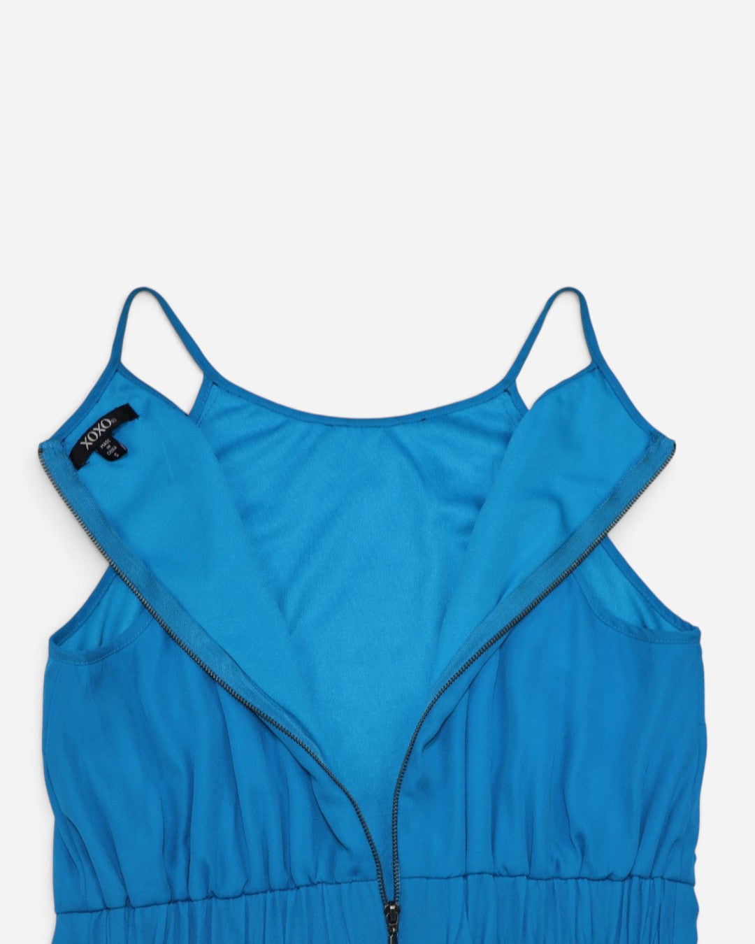 Romper azul turquesa con encaje en el pecho y cuello halter para mujer, marca XOXO, talla S, ropa de segunda mano en República Dominicana