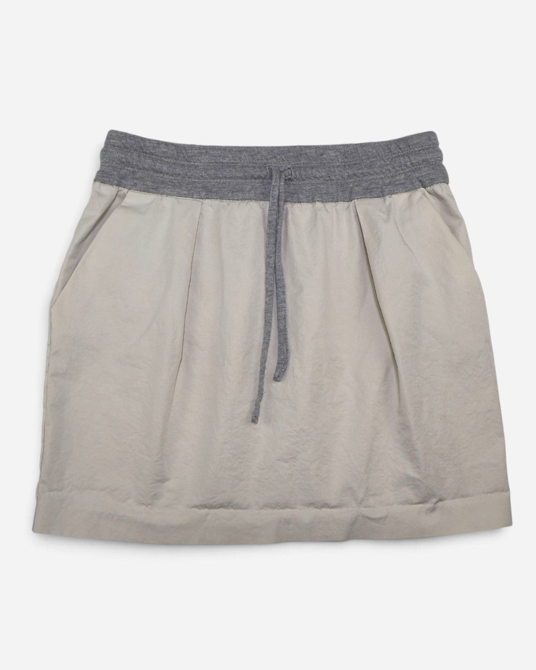 Falda corta beige con cintura elástica gris y cordón para mujer, marca Zara Basic, talla L, ropa de segunda mano en República Dominicana