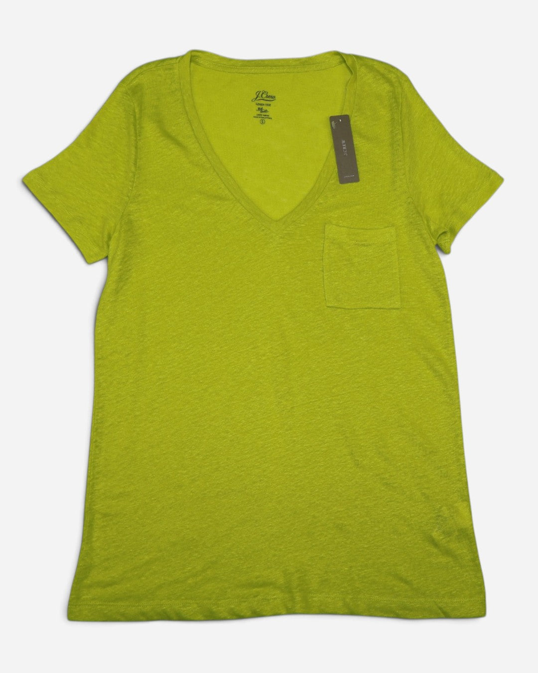 Camiseta de lino verde lima con escote en V y bolsillo para mujer, marca J.Crew, talla S, ropa de segunda mano en República Dominicana