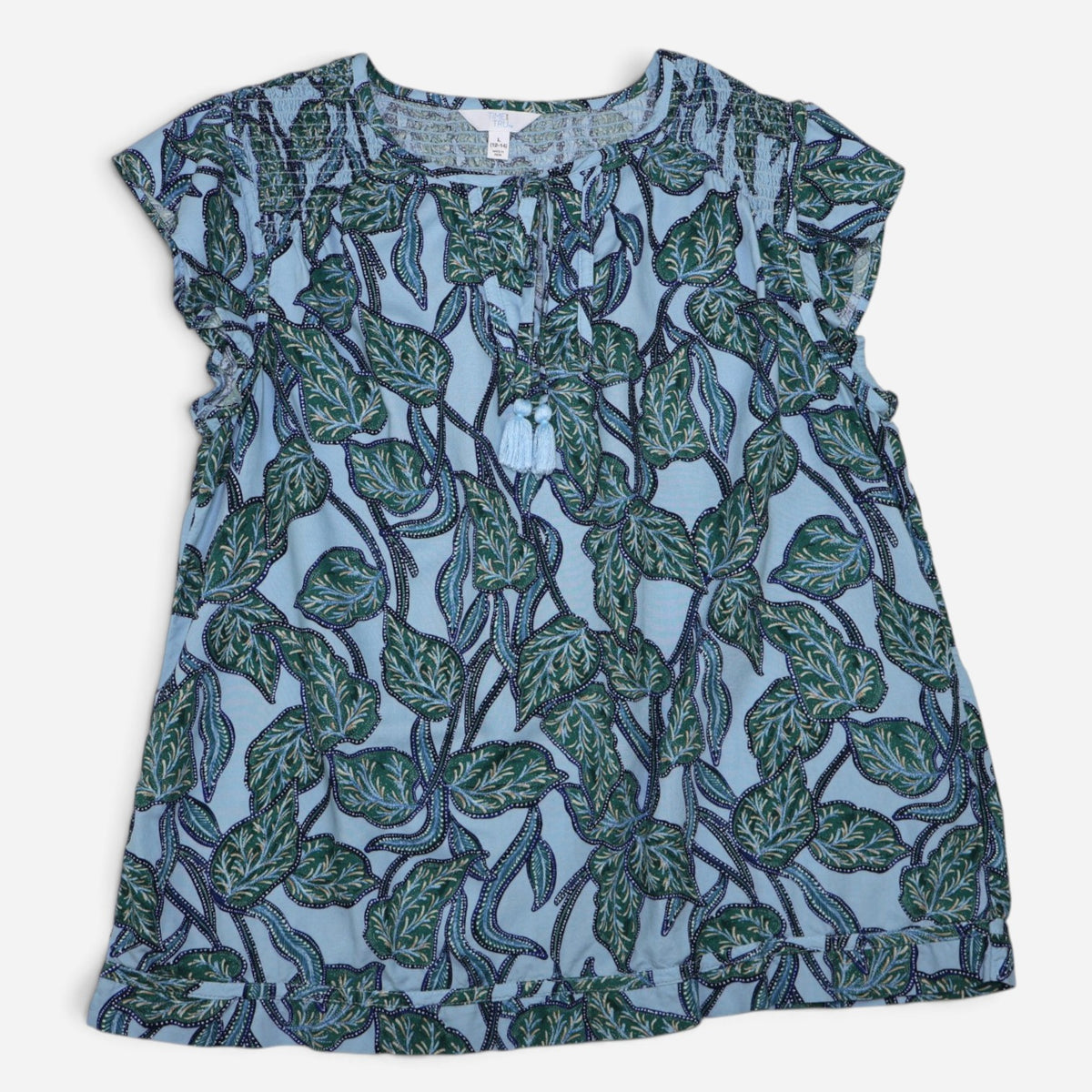 BLUSA AZUL CON ESTAMPAD DE HOJAS PARA MUJER | TIME AND TRU | TALLA L (12-14)