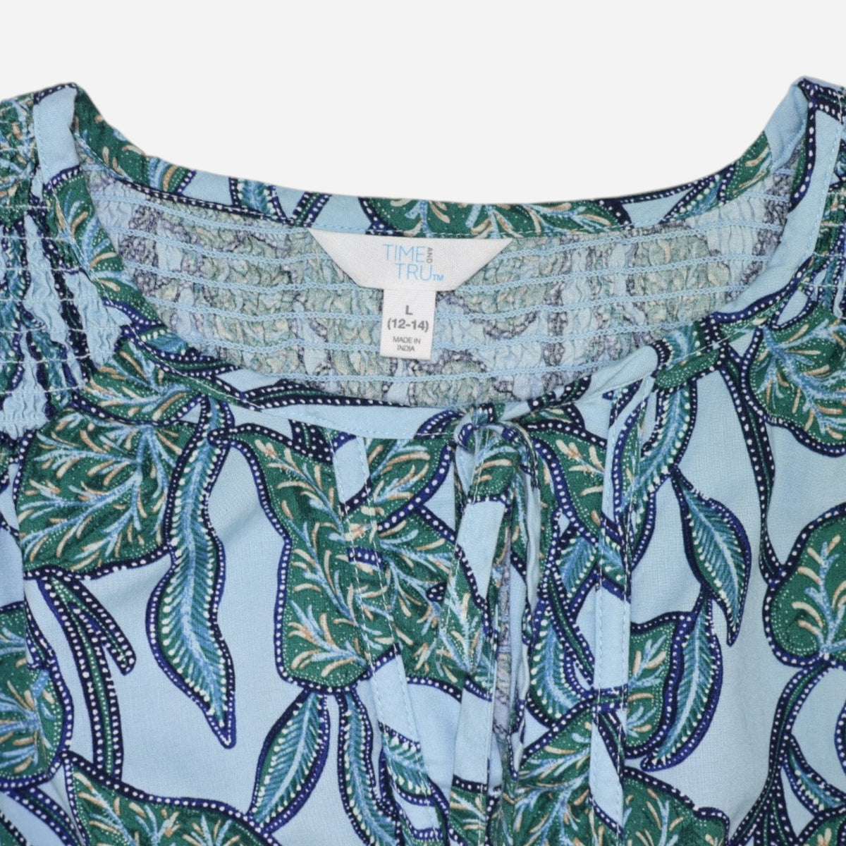 BLUSA AZUL CON ESTAMPAD DE HOJAS PARA MUJER | TIME AND TRU | TALLA L (12-14)