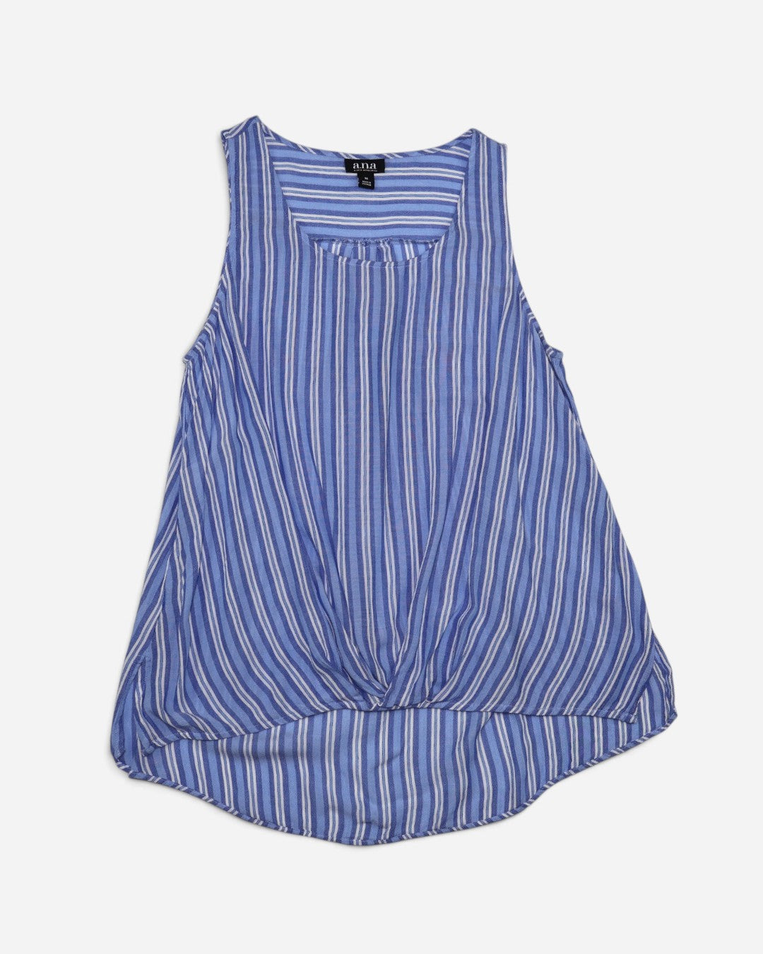 Blusa azul y blanca sin mangas con detalle cruzado delantero para mujer talla M