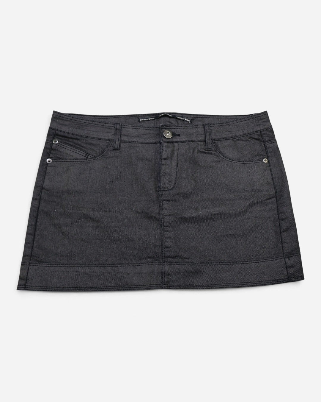 Minifalda de jean negra con acabado encerado para mujer, marca Highway Jeans, talla 9, ropa de segunda mano en República Dominicana