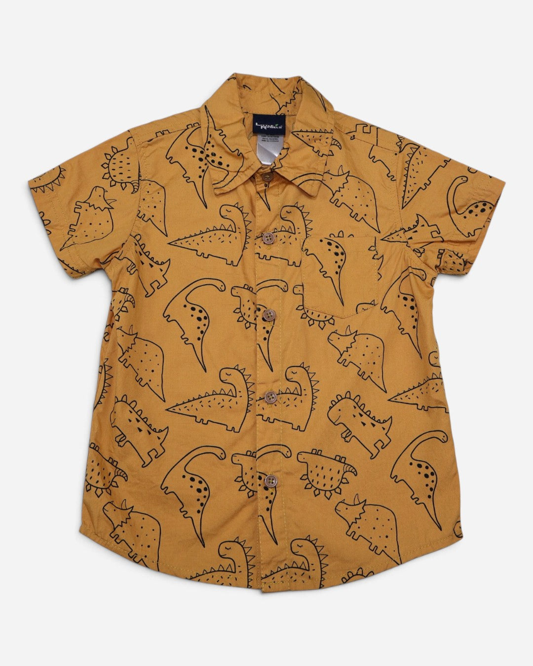 Camisa mostaza con estampado de dinosaurios para niño, marca Little Rebels, talla 4T, ropa de segunda mano en República Dominicana