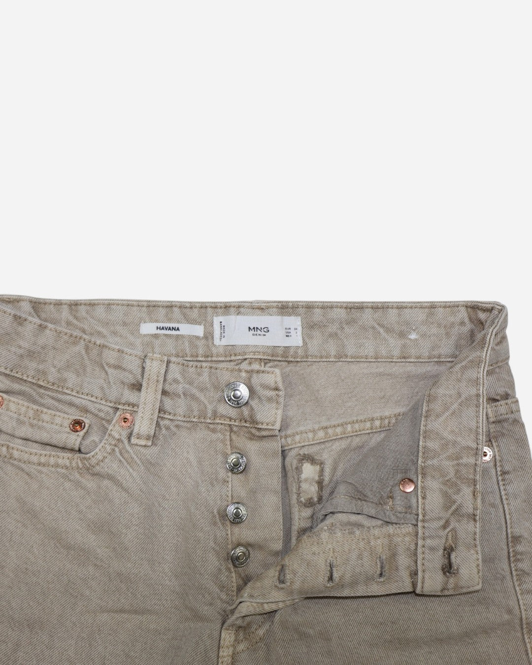 Jeans rectos beige de tiro alto con ruedo deshilachado para mujer, marca Mango, talla 2, ropa de segunda mano en República Dominicana