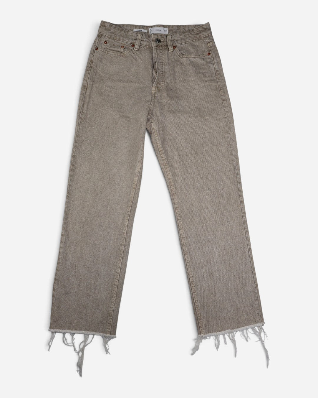 Jeans rectos beige de tiro alto con ruedo deshilachado para mujer, marca Mango, talla 2, ropa de segunda mano en República Dominicana