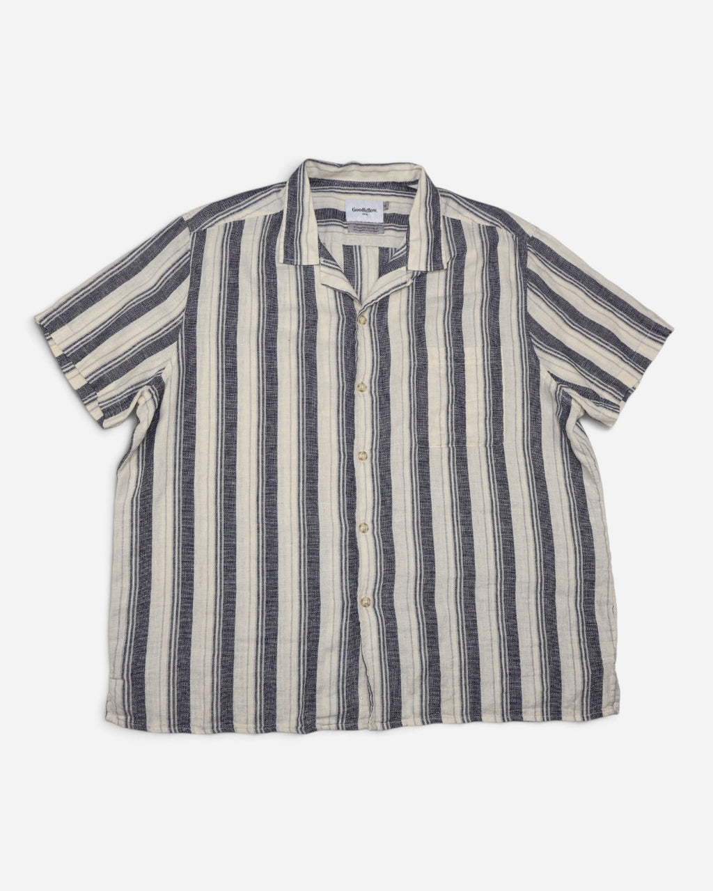 Camisa de manga corta para hombre talla XL con rayas azul marino y crema.