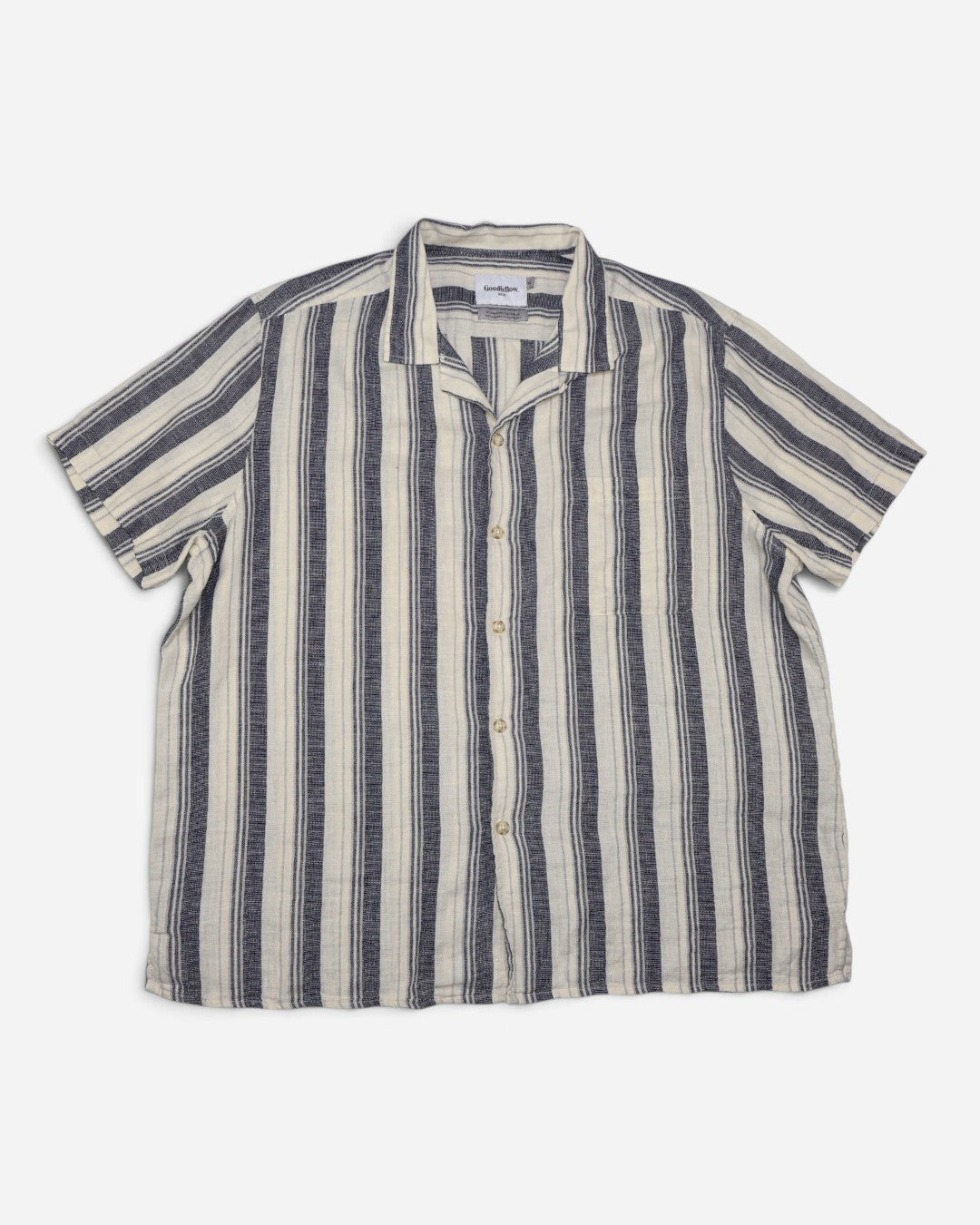 Camisa de manga corta para hombre talla XL con rayas azul marino y crema.