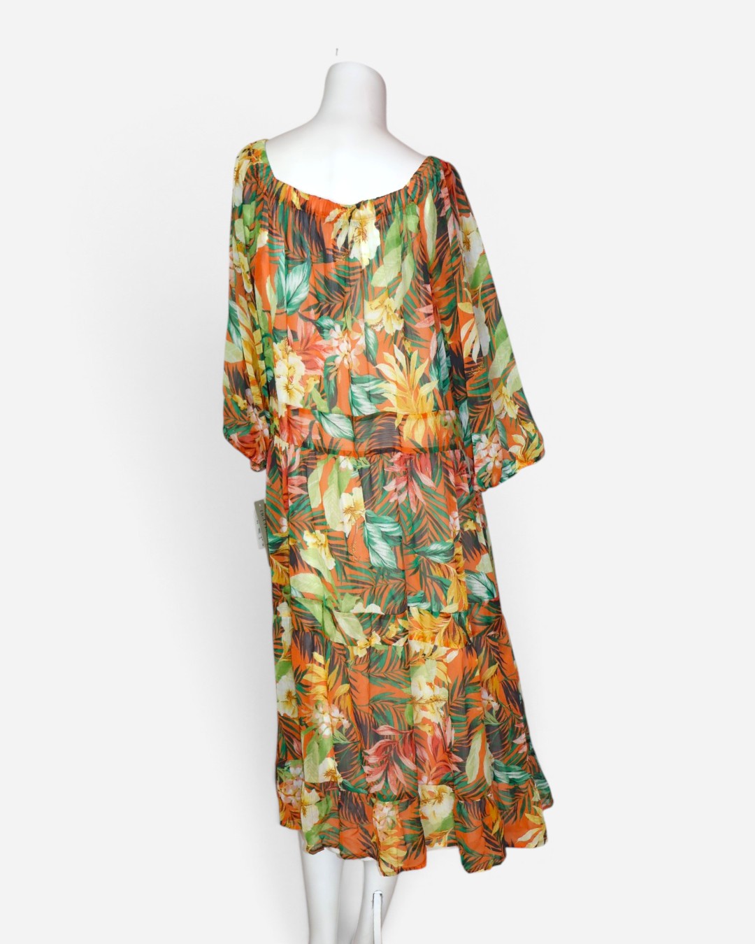 Parte trasera de Vestido midi tropical naranja y verde para mujer talla XL.