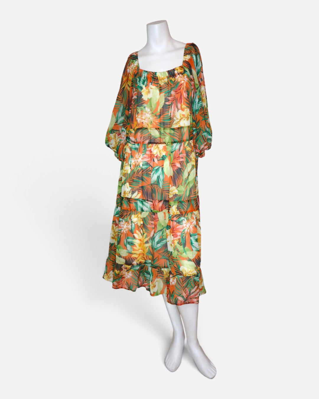 Vestido midi tropical naranja y verde para mujer talla XL.