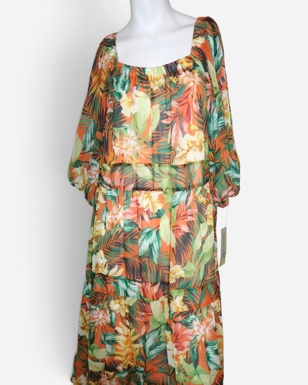 NUEVO CON ETIQUETA | VESTIDO MIDI CON ESTAMPADO TROPICAL | FIGUEROA & FLOWER | TALLA XL