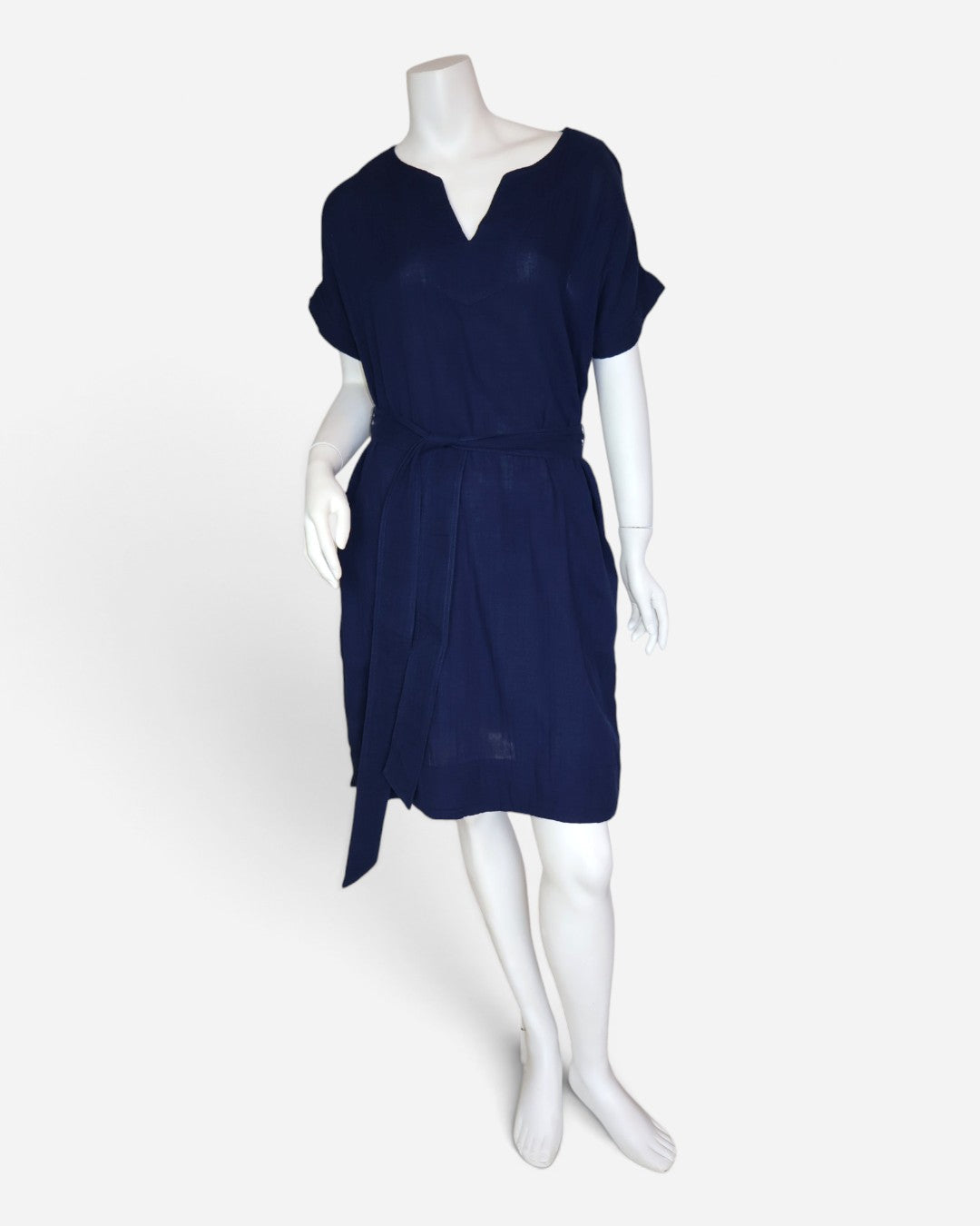 Vestido azul marino de algodón con cinturón para mujer talla M.