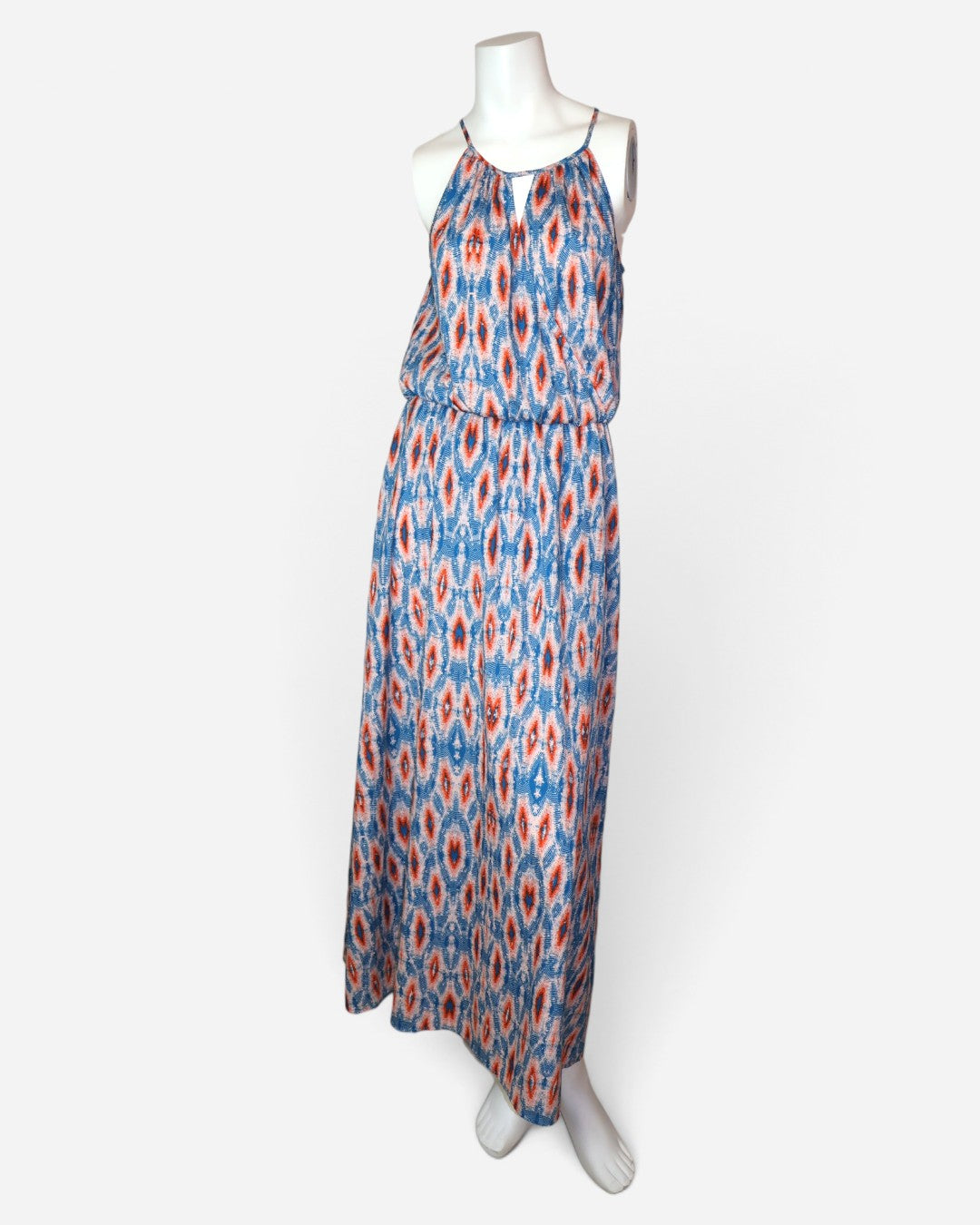Vestido maxi para mujer con estampado azul, coral y blanco talla SP.