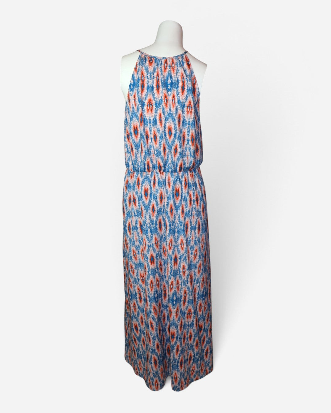 Vista trasera de Vestido maxi para mujer con estampado azul, coral y blanco talla Small petit.