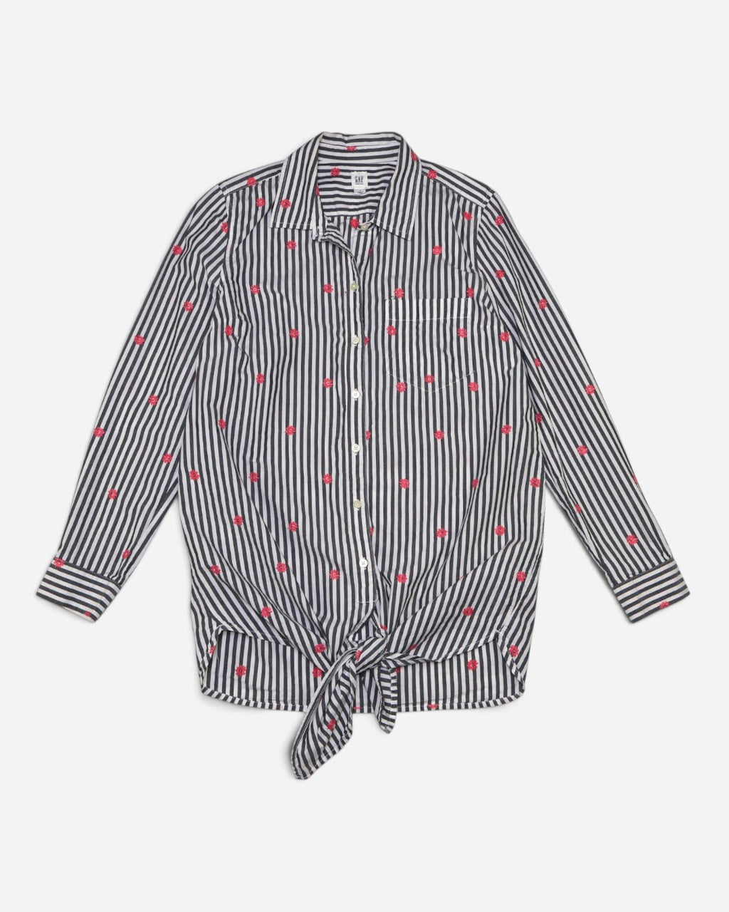 Camisa de maternidad Gap a rayas con flores rosadas bordadas y nudo, talla S, ropa de segunda mano en República Dominicana